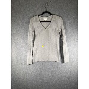 LOFT Women Grey Cable Knit V-Neck Long Sleeve Sweater Size M Preppy Academia Y2K